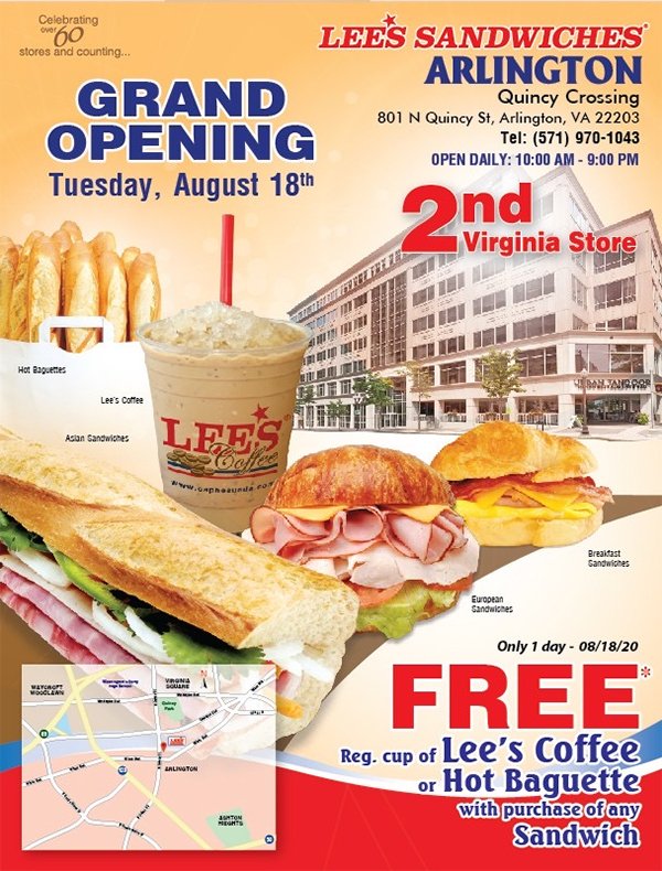 Congratulations on 2nd store in Virginia! OPEN NOW with FREE Lee’s Coffee or Hot Baguette, only 08/18/20