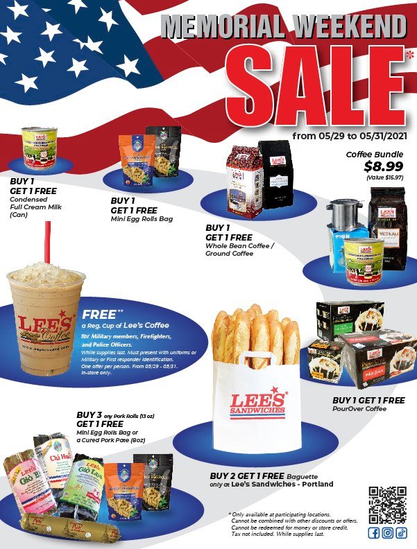 Memorial Weekend Sales from 5/29 – 5/31/2021!!! And Free Lee’s Coffee for Military, Police Officers & Firefighters (for walk-in only).