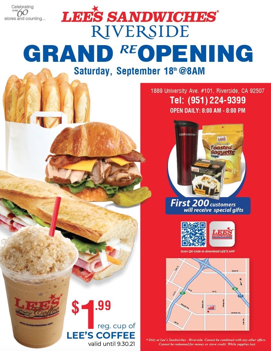 Riverside Grand ReOpening – 200 special gifts & $1.99 reg. Lee’s Coffee
