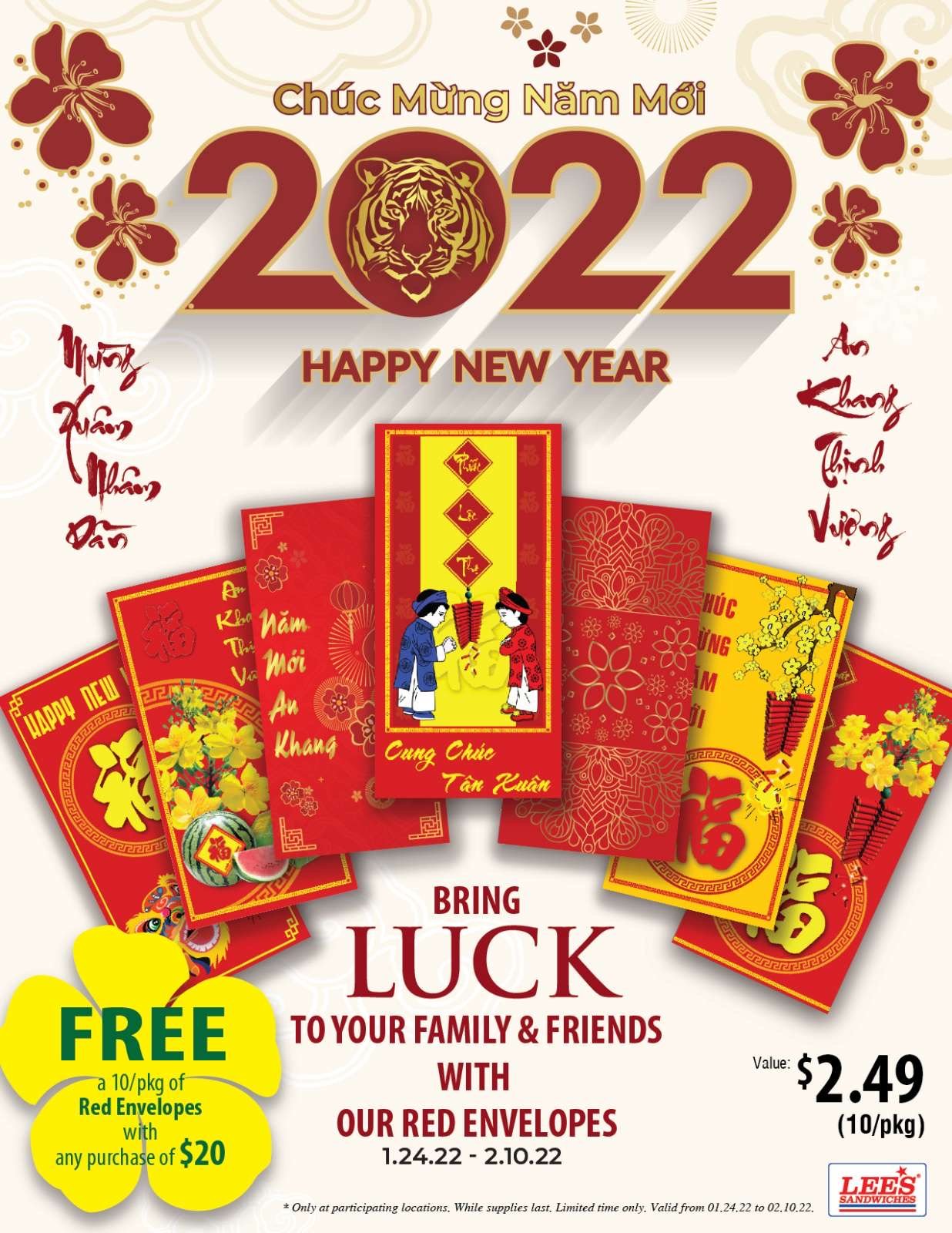 Free 1 pk of 10 red envelopes for any purchase of $20