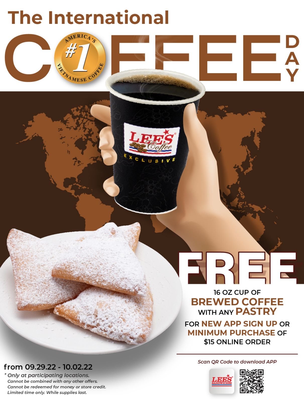Happy International Coffee Day, Free 16oz cup of Brewed Coffee & any Pastry!!!