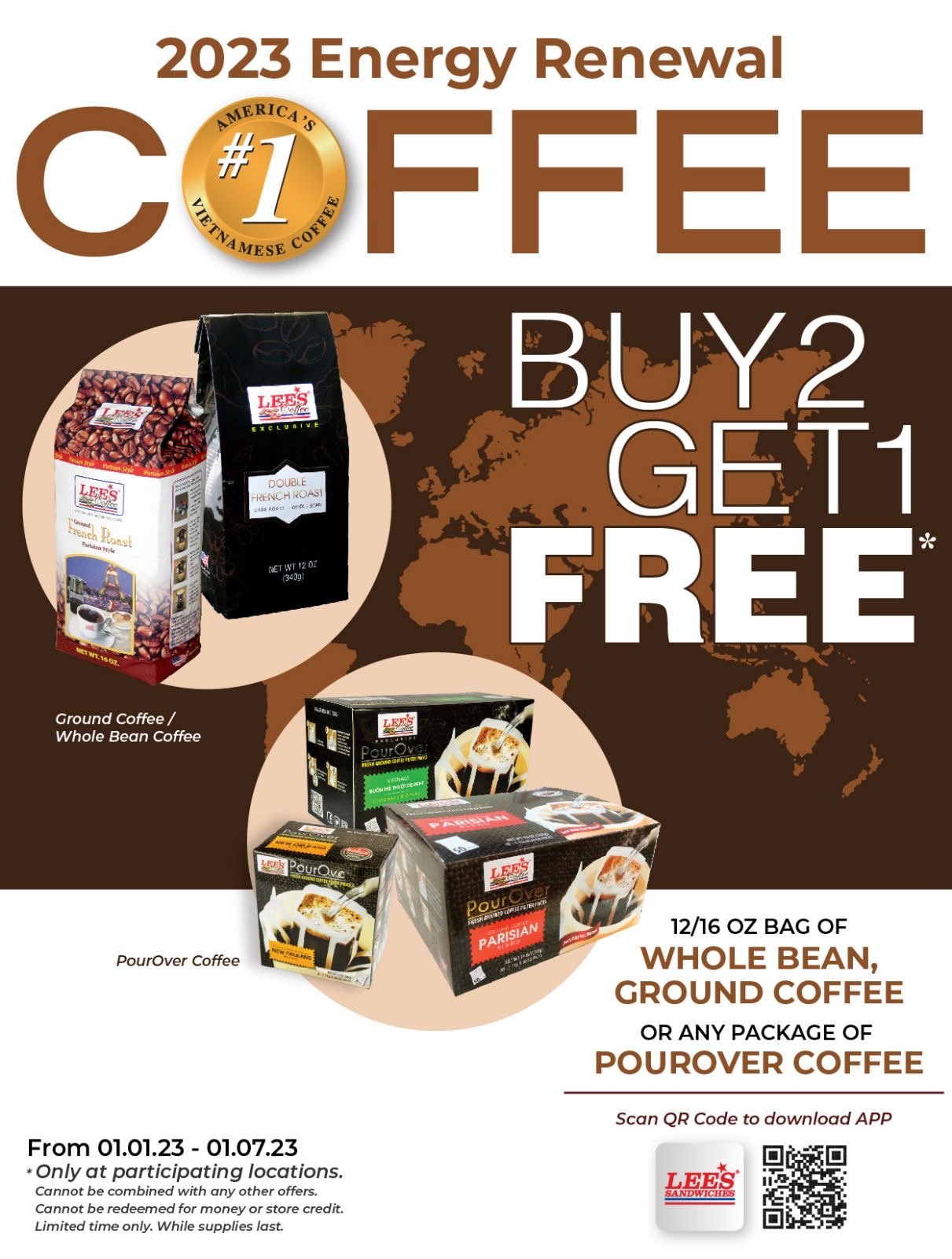Renew your energy with B2G1 Whole/Ground Bean or any PourOver Coffee. Only from 1/1 to 1/7/2023.