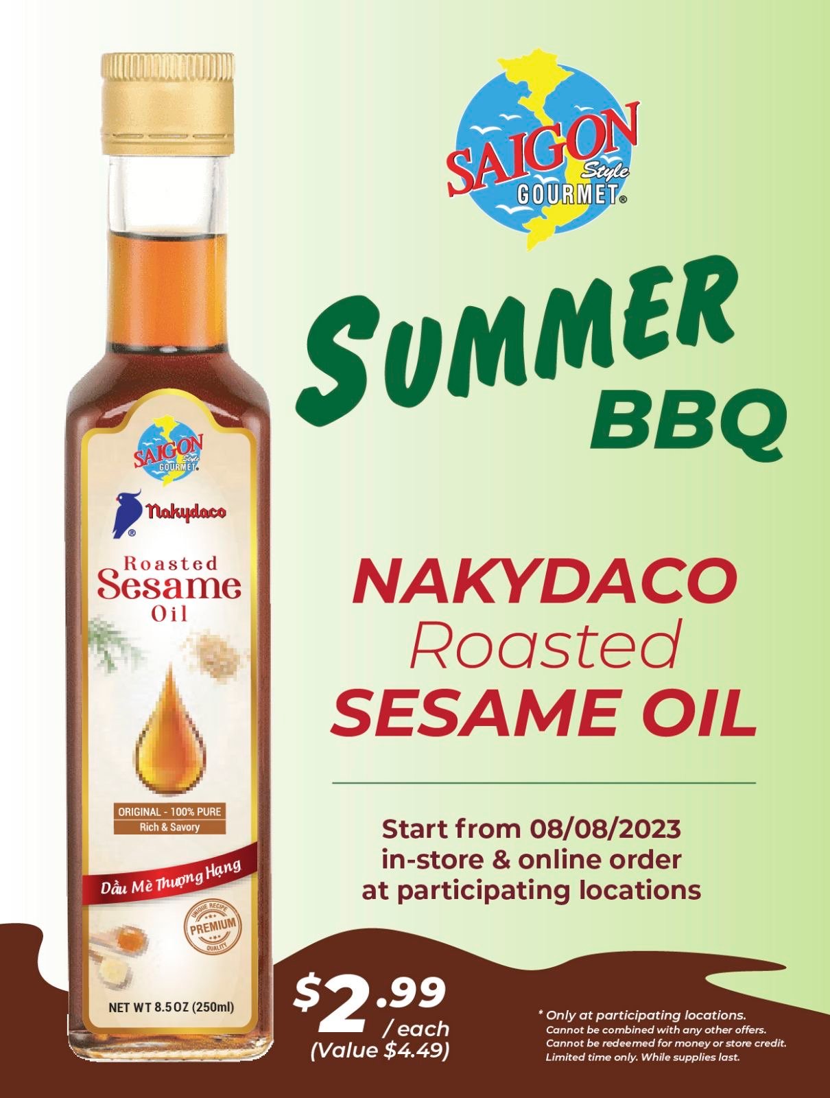 Summer BBQ Roasted Sesame Oil value $4.49 NOW ONLY $2.99 each at participating locations!!!