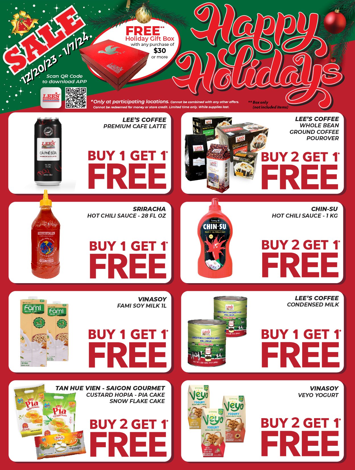 Happy Holiday with our Great Deals from 12/20/2023 to 01/07/2024 at participating locations