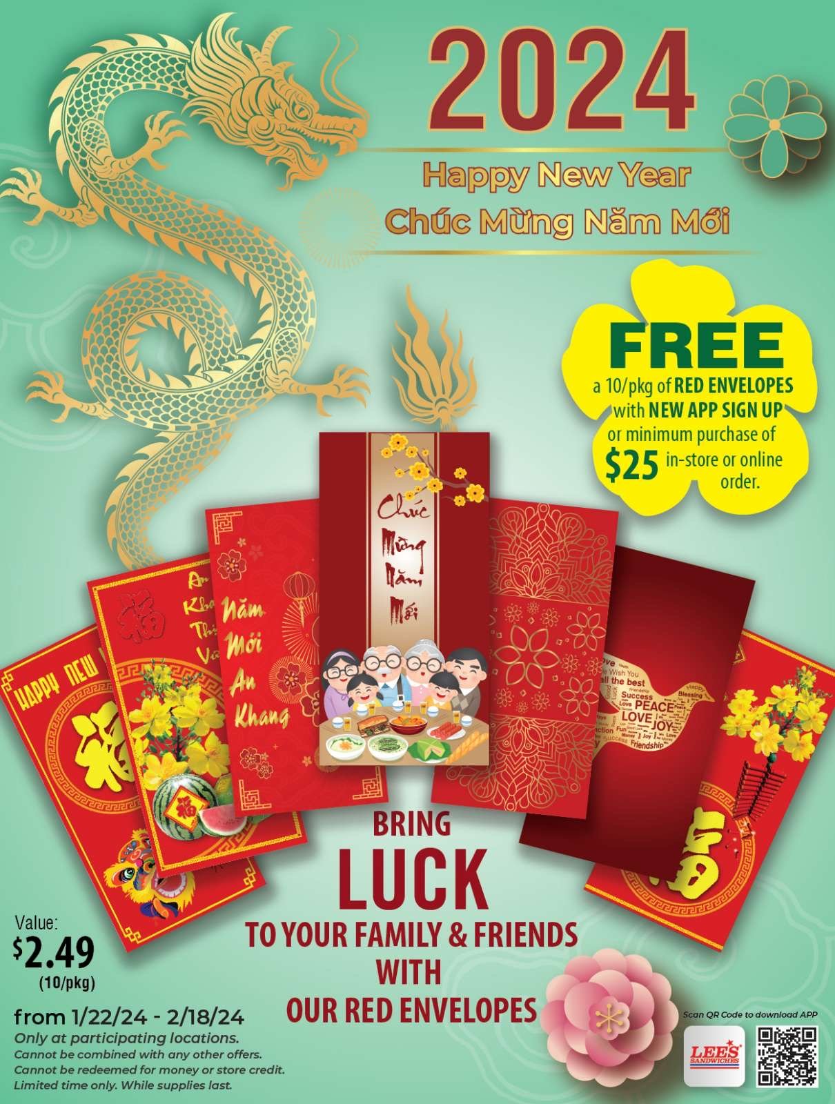 Bring luck to your family & friends with our red envelopes! Only at participating locations