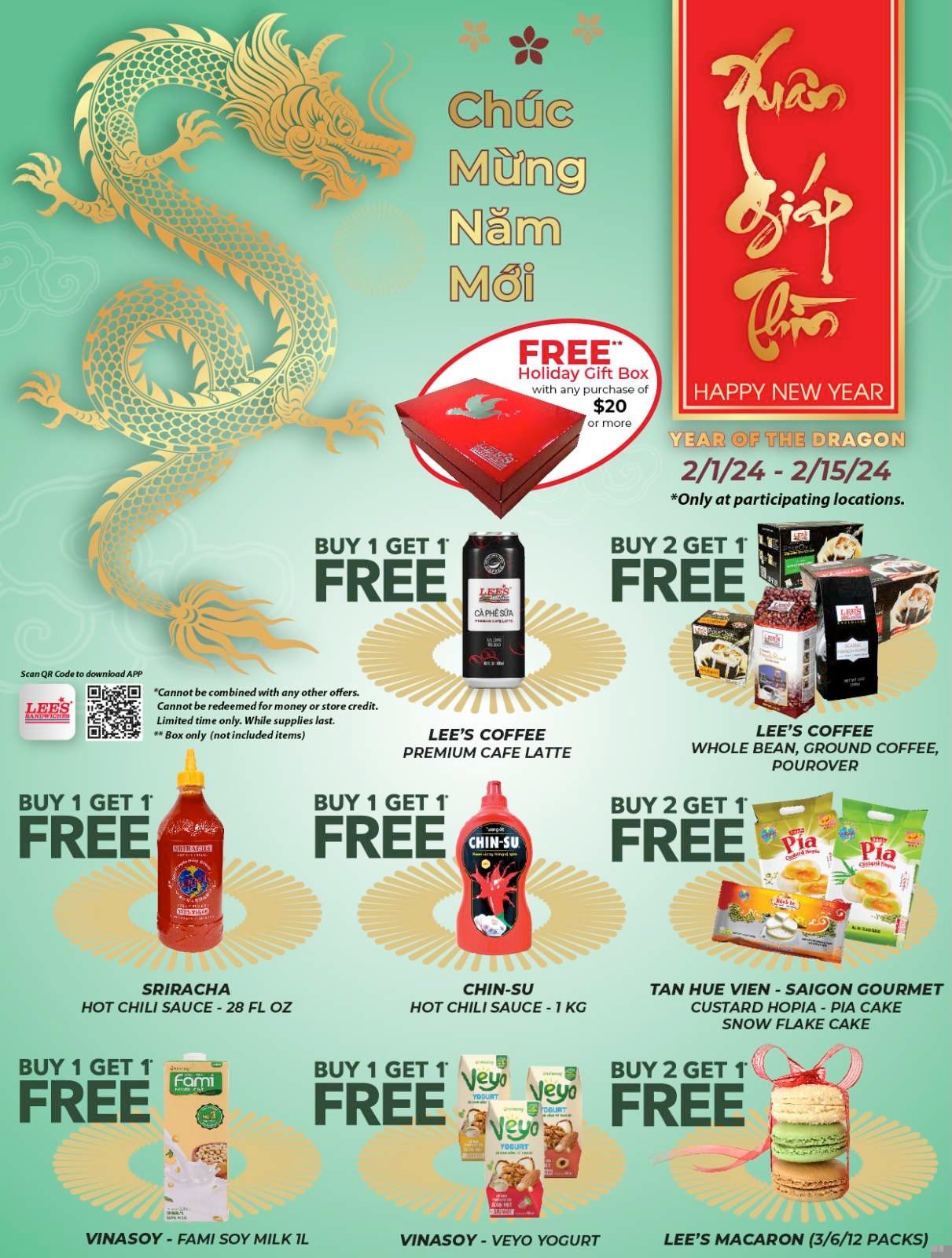 Start a joyful Lunar New Year with our Tet Special Deals! Only from 2/1 to 2/15/2024 at participating locations