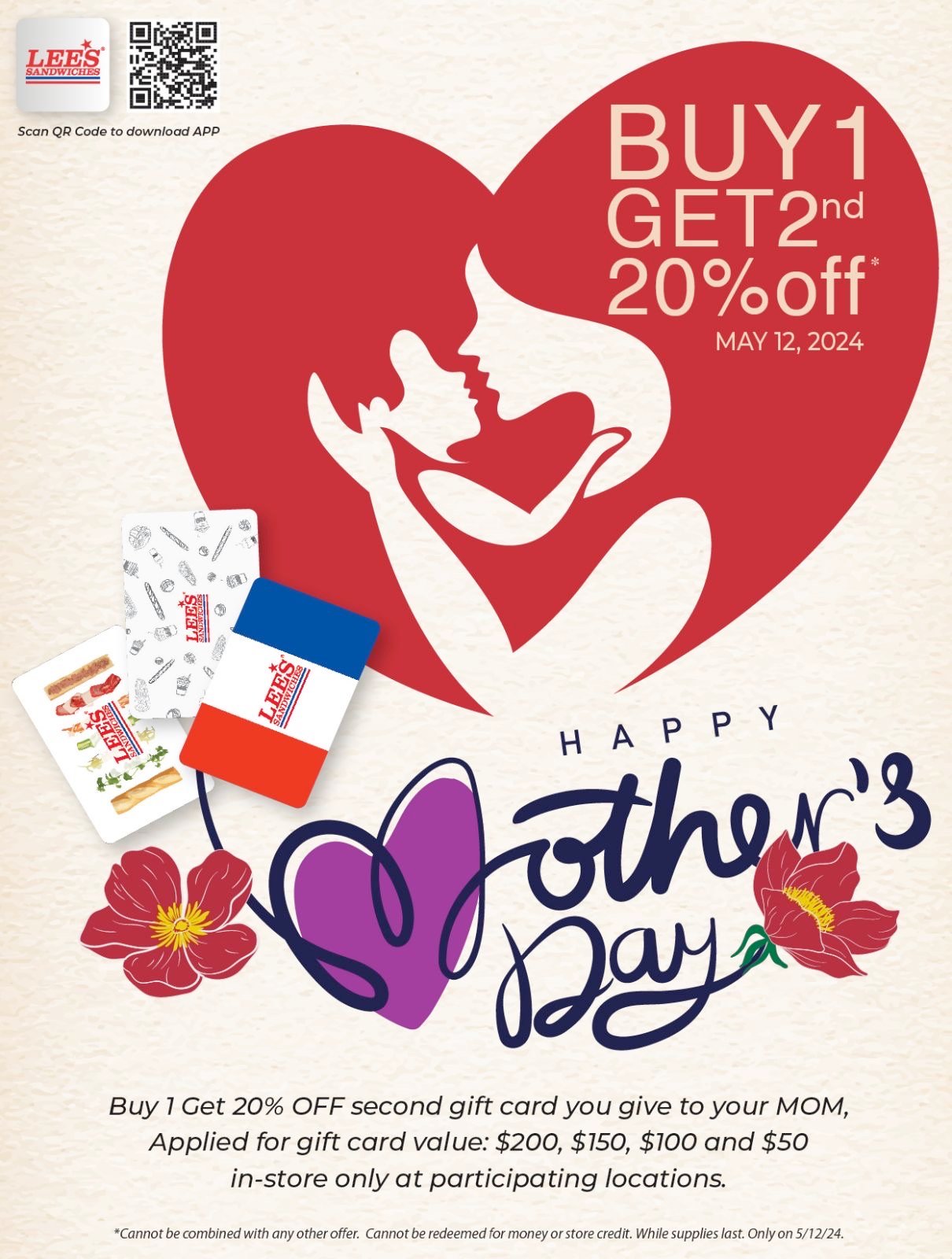 Special Gift to your Mom with our Buy 1 Get 2nd 20% OFF Gift Card. At participating locations & in-store only.