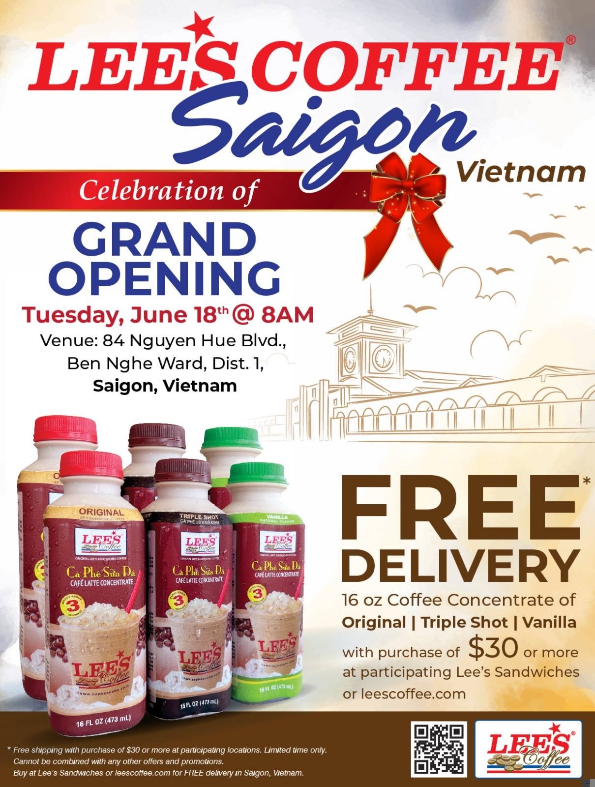 WOW, Lee’s Coffee Grand Opening in Saigon, Vietnam on 6/18/24. Free shipping to Vietnam with coffee bottle order of $30 or more. At participating locations