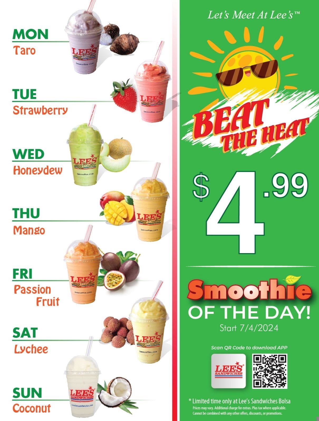 Let’s beat the heat with our $4.99 Smoothie of the Day at Bolsa only from 7/4/24!