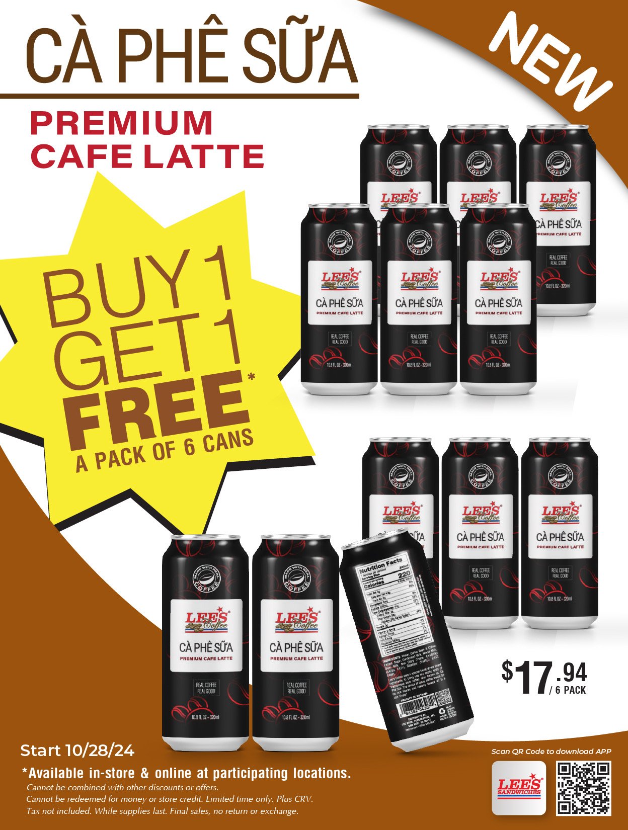 Buy 1 Get 1 Free Pack of 6 coffee cans from 10/28/24 at participating locations