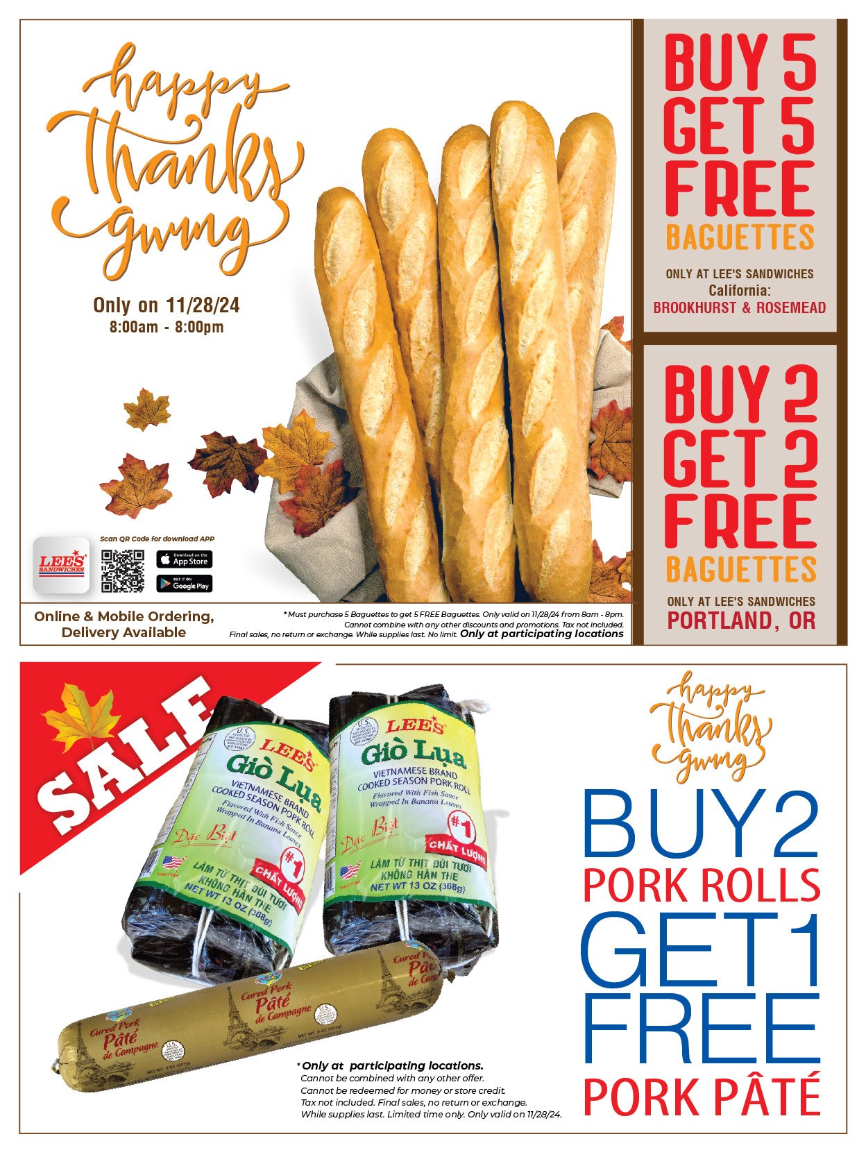 Happy ThanksGiving with our special promotions! Only 11/28/24 at participating locations